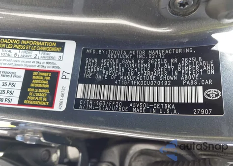 2012 Toyota Camry Se из США, поврежденный, VIN 4T1BF1FK0CU070192